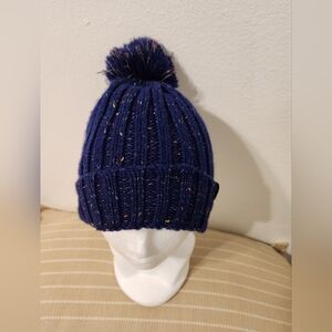 Womens Winter Knitted Beanie Hat Warm Fleece Lined with Pompom Cap. Blue